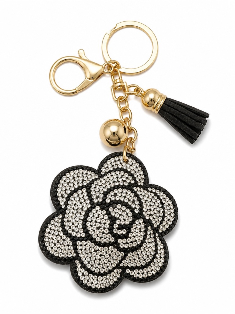 Silver Black Rose Crystal Keychain Bag Backpack Charm rhinestone